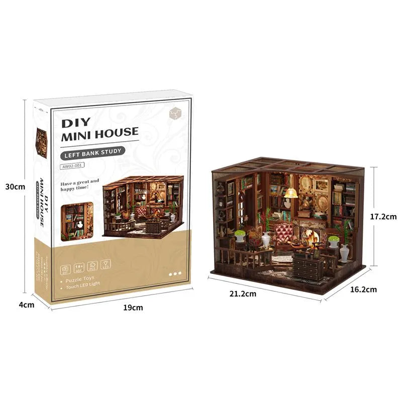 Maison Miniature - Left Bank Study, un kit créatif pour construire un diorama miniature. Parfait pour décorer une bibliothèque ou comme cadeau original pour un amoureux des livres. Par Nookette.