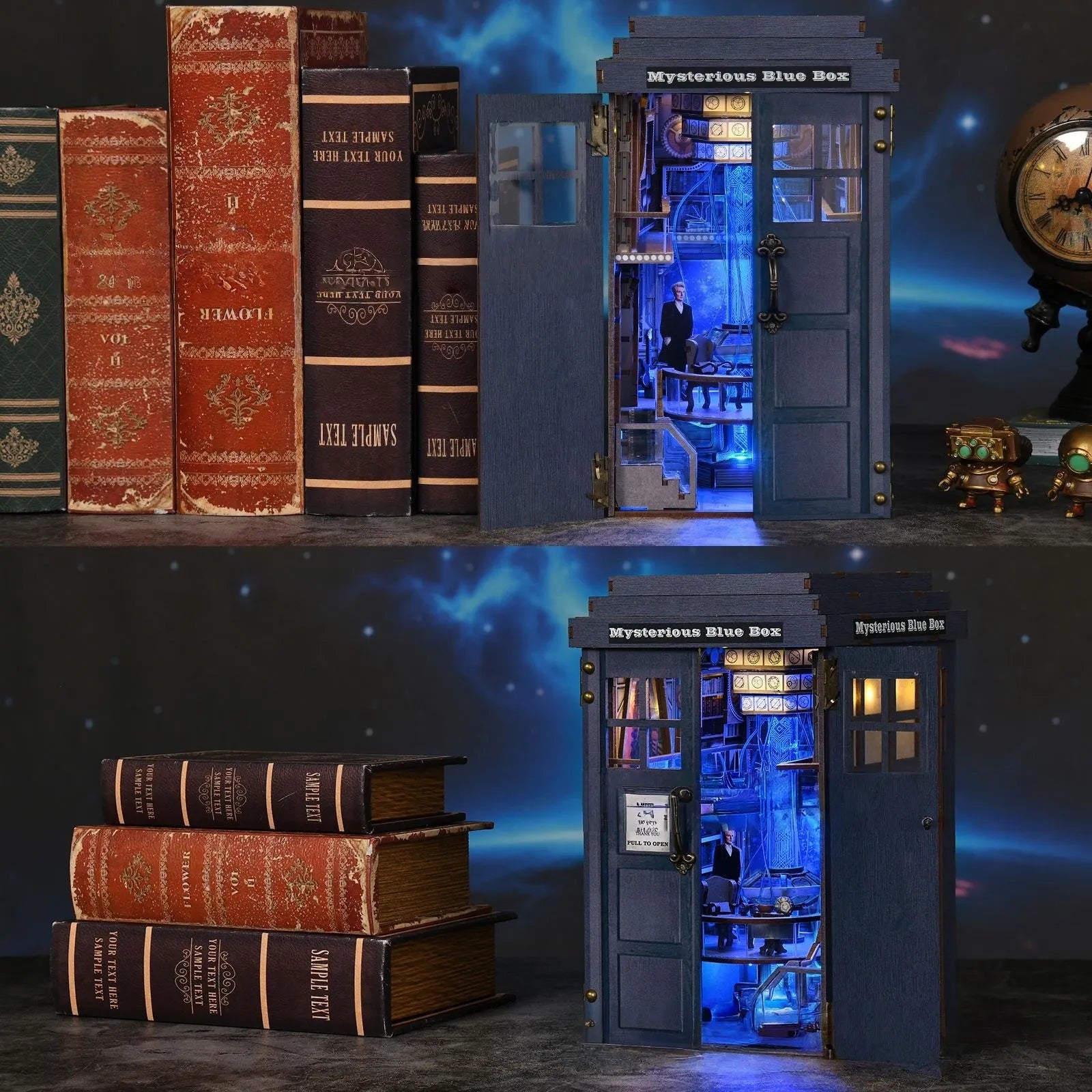 Maison Miniature - Mysterious Blue Box, un kit créatif pour construire un diorama miniature. Parfait pour décorer une bibliothèque ou comme cadeau original pour un amoureux des livres. Par Nookette.