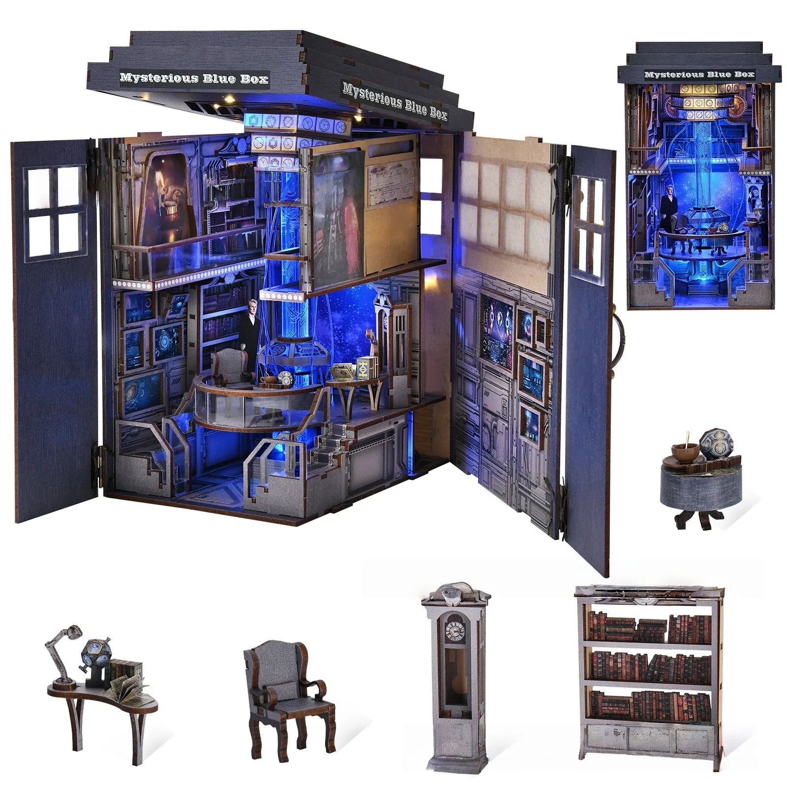 Maison Miniature - Mysterious Blue Box, un kit créatif pour construire un diorama miniature. Parfait pour décorer une bibliothèque ou comme cadeau original pour un amoureux des livres. Par Nookette.
