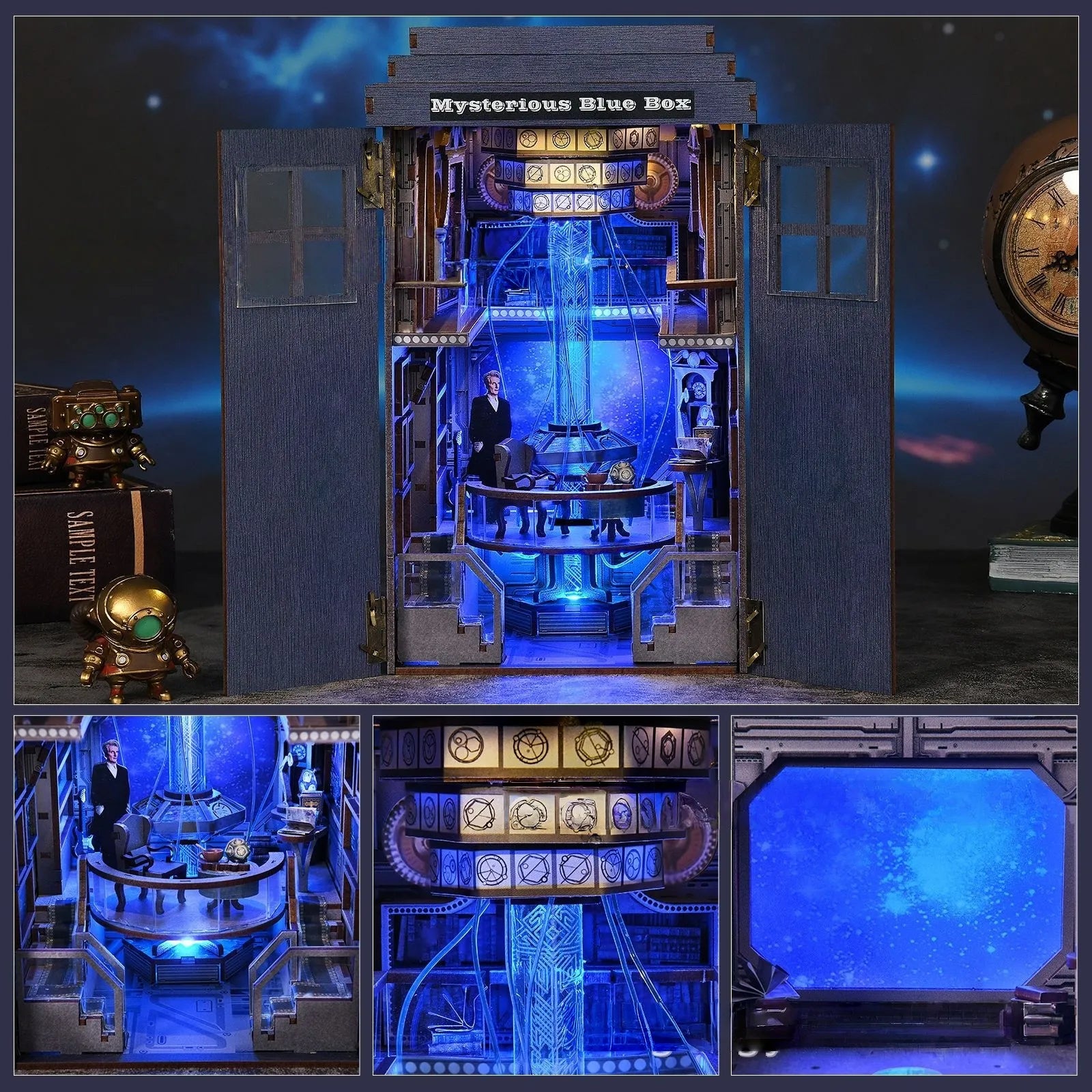 Maison Miniature - Mysterious Blue Box, un kit créatif pour construire un diorama miniature. Parfait pour décorer une bibliothèque ou comme cadeau original pour un amoureux des livres. Par Nookette.