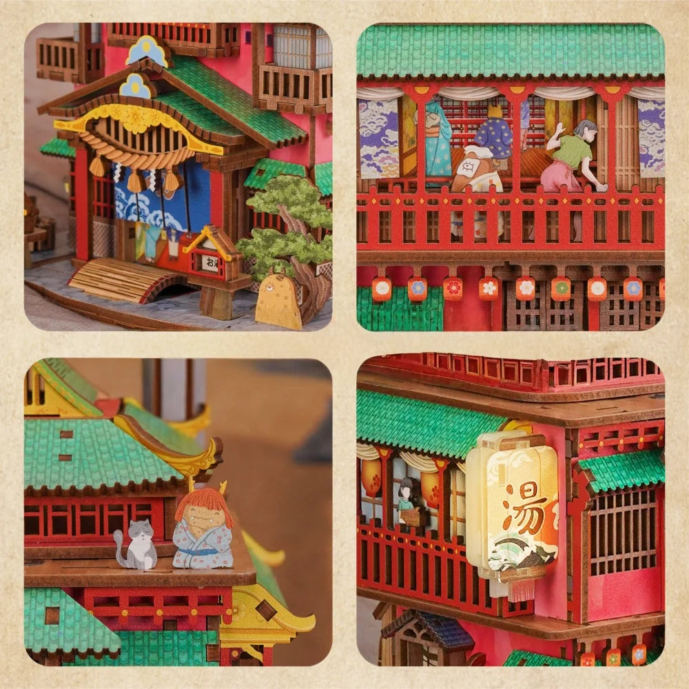 Maison Miniature - Onsen Saga, un kit créatif pour construire un diorama miniature. Parfait pour décorer une bibliothèque ou comme cadeau original pour un amoureux des livres. Par Nookette.