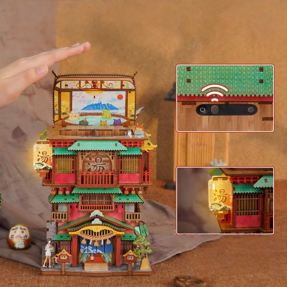 Maison Miniature - Onsen Saga, un kit créatif pour construire un diorama miniature. Parfait pour décorer une bibliothèque ou comme cadeau original pour un amoureux des livres. Par Nookette.