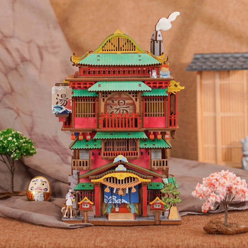 Maison Miniature - Onsen Saga, un kit créatif pour construire un diorama miniature. Parfait pour décorer une bibliothèque ou comme cadeau original pour un amoureux des livres. Par Nookette.