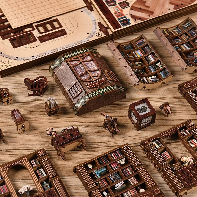 Maison Miniature - Qimeng Bookstore, un kit créatif pour construire un diorama miniature. Parfait pour décorer une bibliothèque ou comme cadeau original pour un amoureux des livres. Par Nookette.