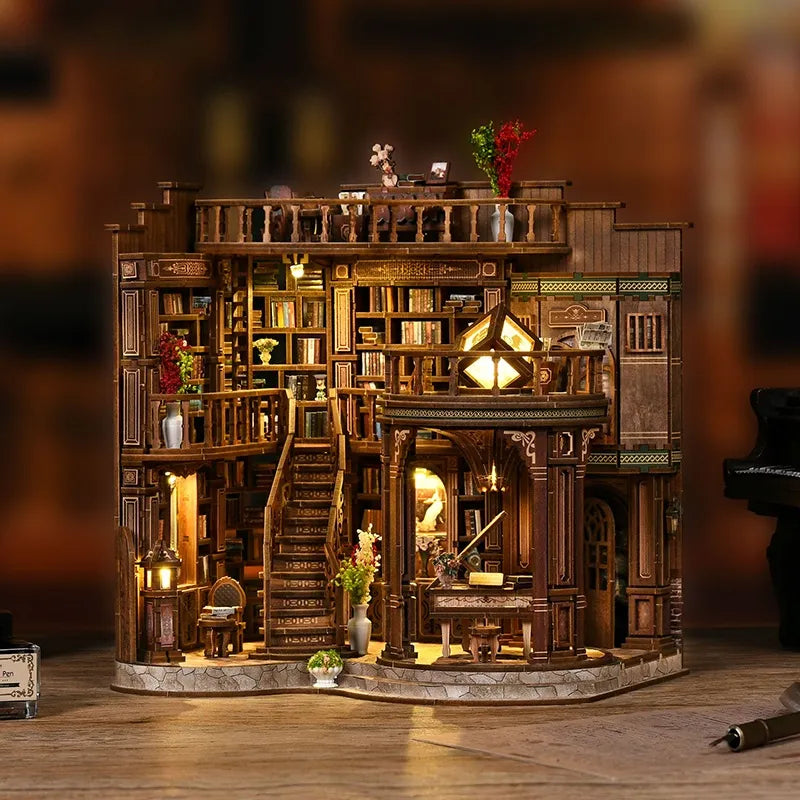 Maison Miniature - Qimeng Bookstore, un kit créatif pour construire un diorama miniature. Parfait pour décorer une bibliothèque ou comme cadeau original pour un amoureux des livres. Par Nookette.