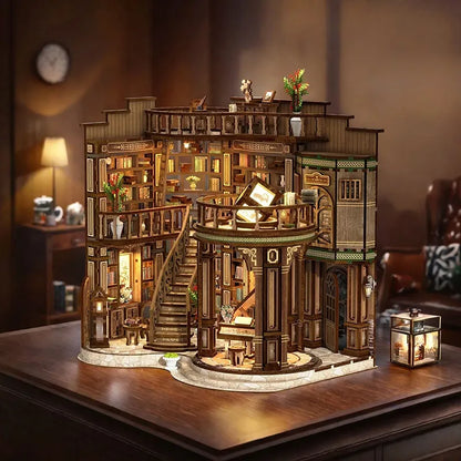 Maison Miniature - Qimeng Bookstore, un kit créatif pour construire un diorama miniature. Parfait pour décorer une bibliothèque ou comme cadeau original pour un amoureux des livres. Par Nookette.