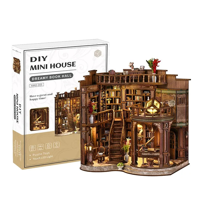 Maison Miniature - Qimeng Bookstore, un kit créatif pour construire un diorama miniature. Parfait pour décorer une bibliothèque ou comme cadeau original pour un amoureux des livres. Par Nookette.