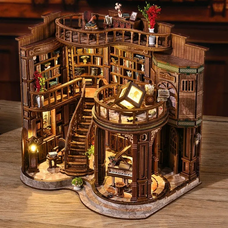 Maison Miniature - Qimeng Bookstore, un kit créatif pour construire un diorama miniature. Parfait pour décorer une bibliothèque ou comme cadeau original pour un amoureux des livres. Par Nookette.