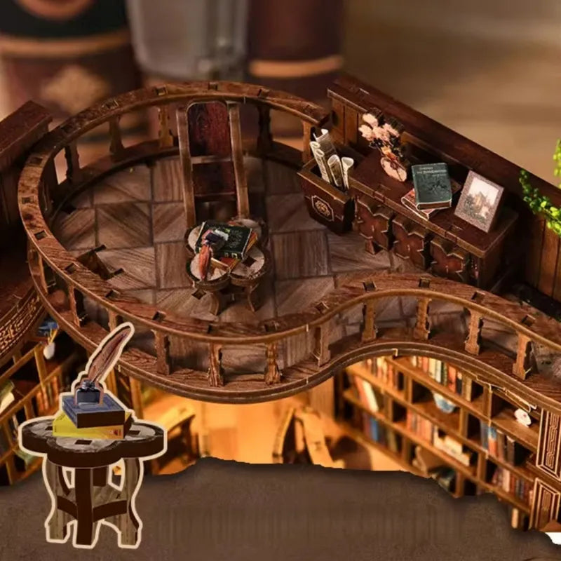 Maison Miniature - Qimeng Bookstore, un kit créatif pour construire un diorama miniature. Parfait pour décorer une bibliothèque ou comme cadeau original pour un amoureux des livres. Par Nookette.