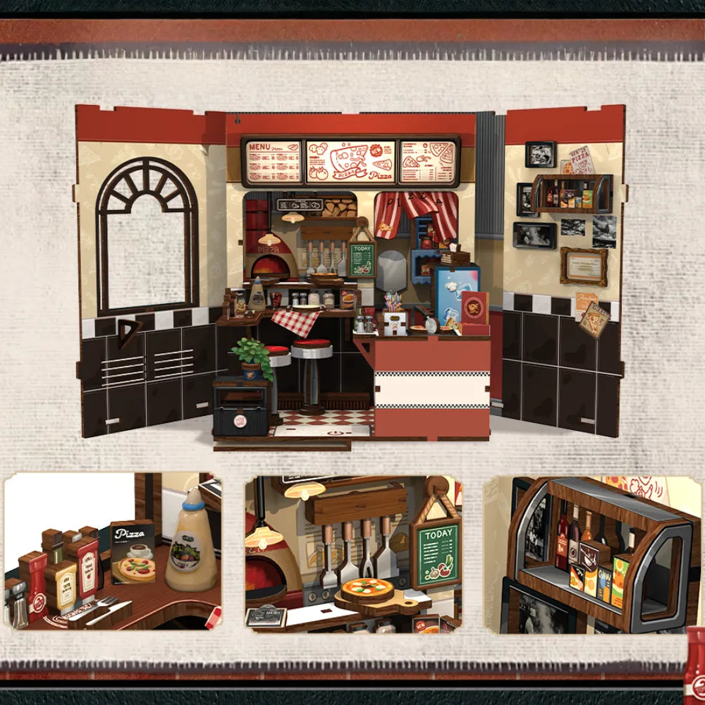 Maison Miniature - Uncle Joe's Pizzeria, un kit créatif pour construire un diorama miniature. Parfait pour décorer une bibliothèque ou comme cadeau original pour un amoureux des livres. Par Nookette.