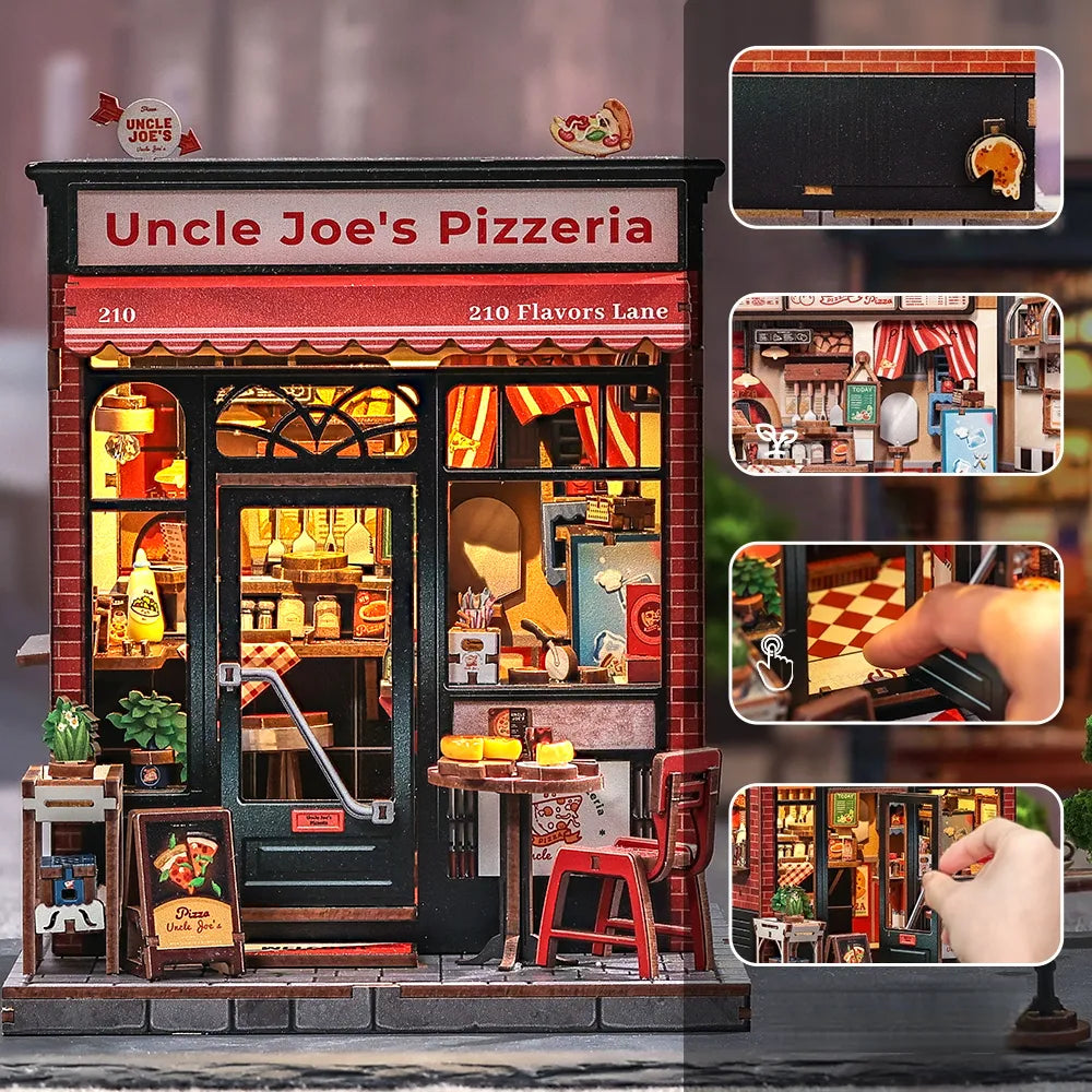 Maison Miniature - Uncle Joe's Pizzeria, un kit créatif pour construire un diorama miniature. Parfait pour décorer une bibliothèque ou comme cadeau original pour un amoureux des livres. Par Nookette.