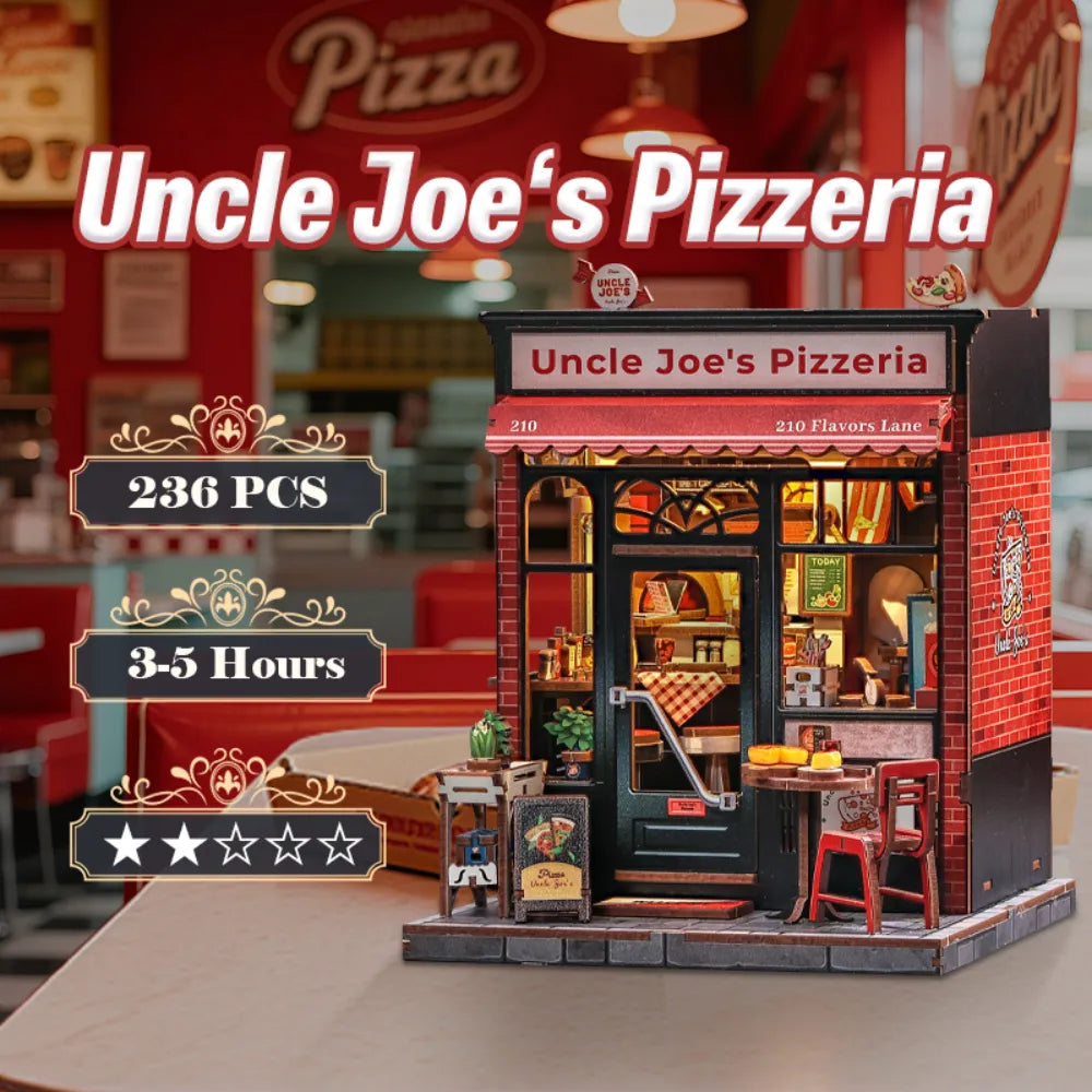 Maison Miniature - Uncle Joe's Pizzeria, un kit créatif pour construire un diorama miniature. Parfait pour décorer une bibliothèque ou comme cadeau original pour un amoureux des livres. Par Nookette.