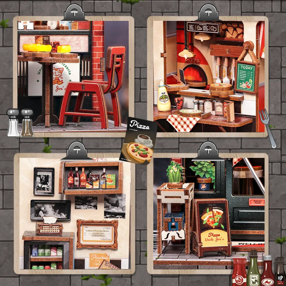Maison Miniature - Uncle Joe's Pizzeria, un kit créatif pour construire un diorama miniature. Parfait pour décorer une bibliothèque ou comme cadeau original pour un amoureux des livres. Par Nookette.