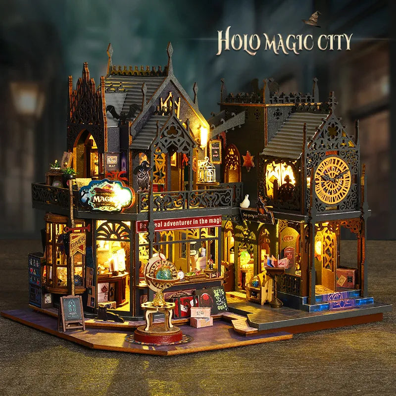 Maison Miniature - Holo Magic City, un kit créatif pour construire un diorama miniature. Parfait pour décorer une bibliothèque ou comme cadeau original pour un amoureux des livres. Par Nookette.