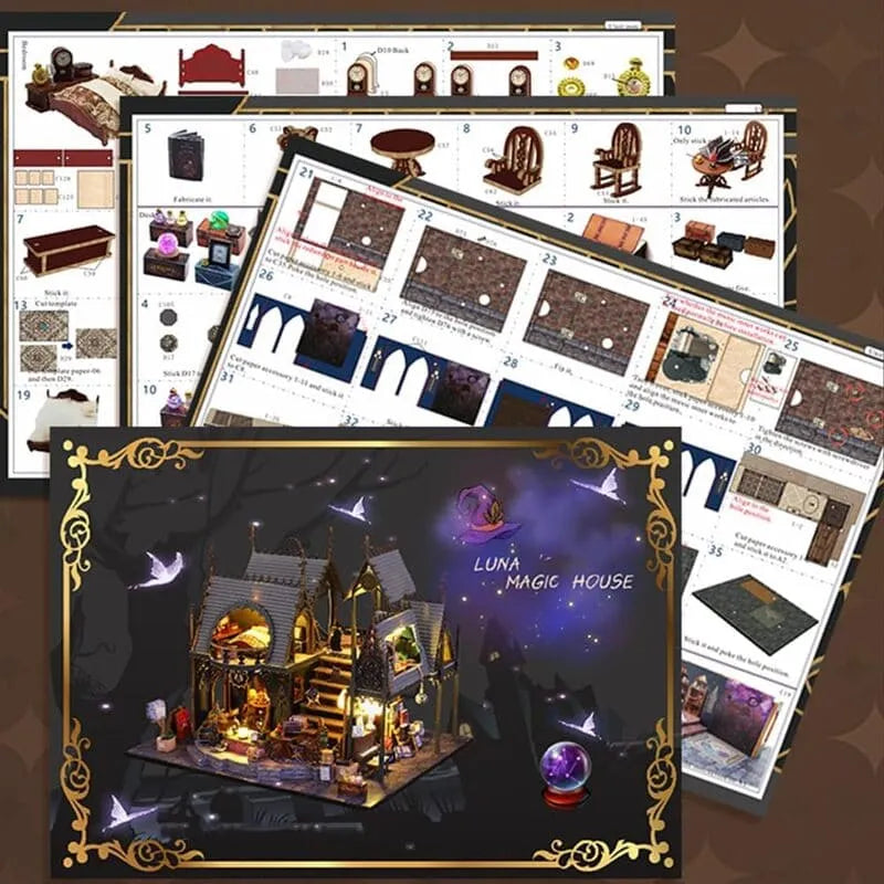 Maison Miniature - Luna Magic House, un kit créatif pour construire un diorama miniature. Parfait pour décorer une bibliothèque ou comme cadeau original pour un amoureux des livres. Par Nookette.