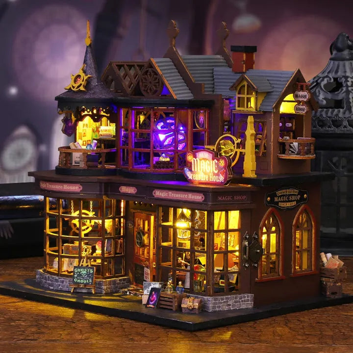 Maison Miniature - Magic Treasure House, un kit créatif pour construire un diorama miniature. Parfait pour décorer une bibliothèque ou comme cadeau original pour un amoureux des livres. Par Nookette.