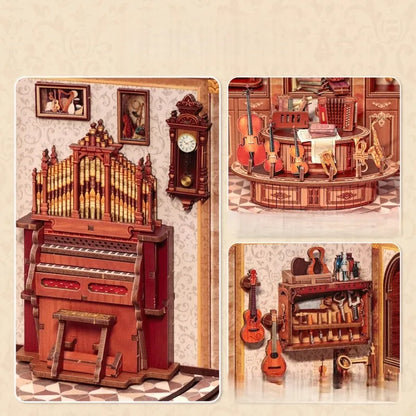 Maison Miniature - Bach Strings, un kit créatif pour construire un diorama miniature. Parfait pour décorer une bibliothèque ou comme cadeau original pour un amoureux des livres. Par Nookette.