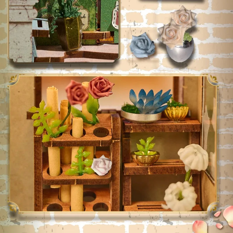 Maison Miniature - Blossomary Atelier, un kit créatif pour construire un diorama miniature. Parfait pour décorer une bibliothèque ou comme cadeau original pour un amoureux des livres. Par Nookette.