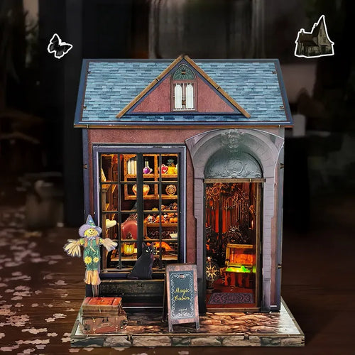 Maison Miniature - Dark Cabin, un kit créatif pour construire un diorama miniature. Parfait pour décorer une bibliothèque ou comme cadeau original pour un amoureux des livres. Par Nookette.