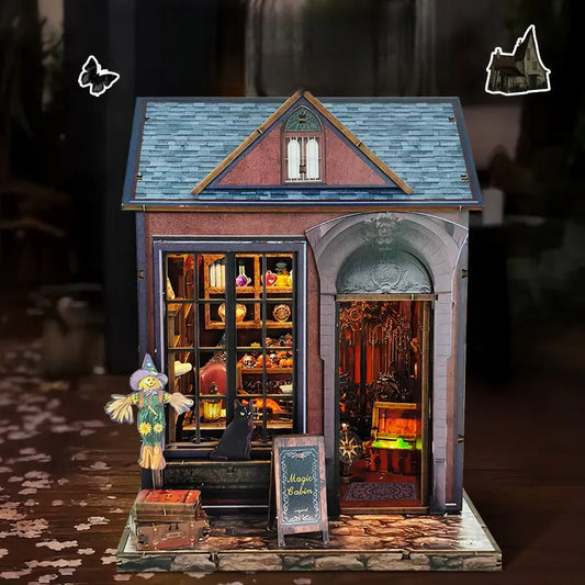 Maison Miniature - Dark Cabin, un kit créatif pour construire un diorama miniature. Parfait pour décorer une bibliothèque ou comme cadeau original pour un amoureux des livres. Par Nookette.