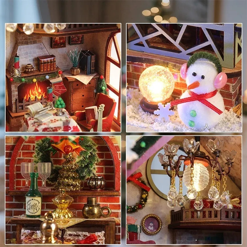 Maison Miniature - Warm Christmas Lodge, un kit créatif pour construire un diorama miniature. Parfait pour décorer une bibliothèque ou comme cadeau original pour un amoureux des livres. Par Nookette.