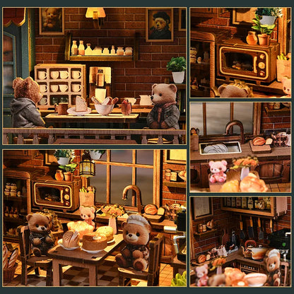 Maison Miniature - Bear Restaurant, un kit créatif pour construire un diorama miniature. Parfait pour décorer une bibliothèque ou comme cadeau original pour un amoureux des livres. Par Nookette.