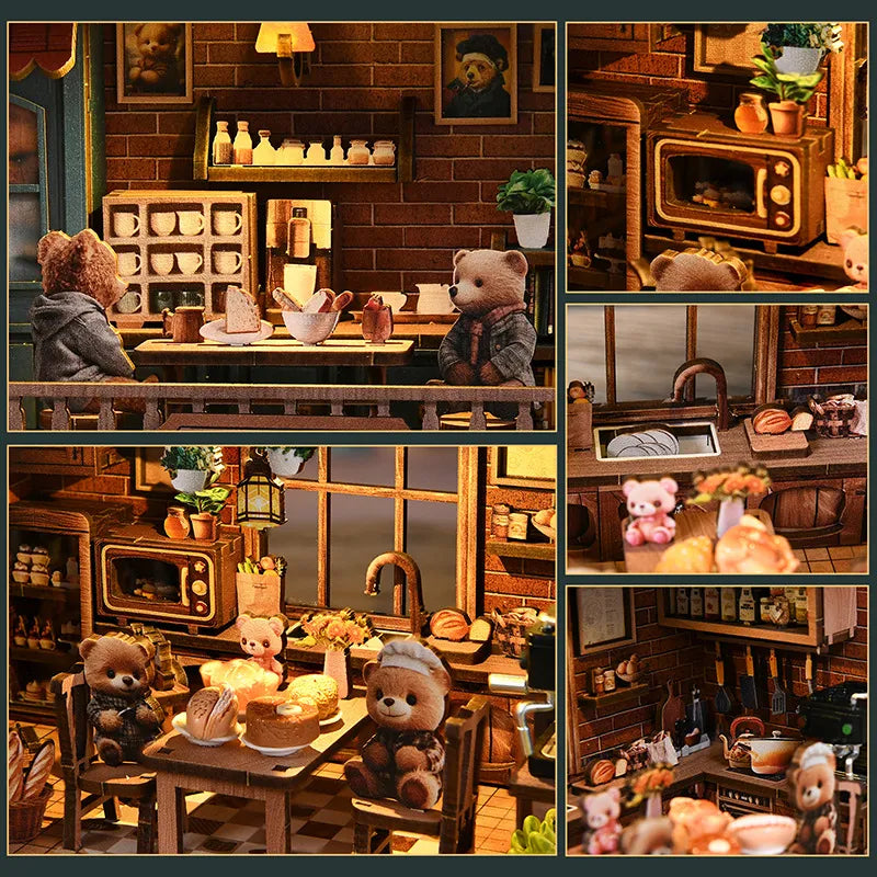 Maison Miniature - Bear Restaurant, un kit créatif pour construire un diorama miniature. Parfait pour décorer une bibliothèque ou comme cadeau original pour un amoureux des livres. Par Nookette.