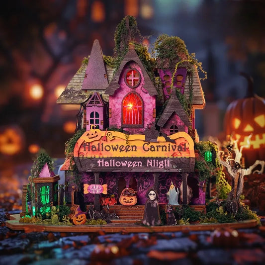 Maison Miniature - Halloween Night, un kit créatif pour construire un diorama miniature. Parfait pour décorer une bibliothèque ou comme cadeau original pour un amoureux des livres. Par Nookette.