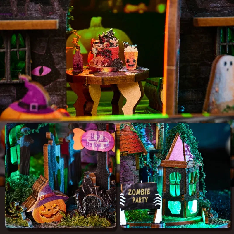 Maison Miniature - Halloween Night, un kit créatif pour construire un diorama miniature. Parfait pour décorer une bibliothèque ou comme cadeau original pour un amoureux des livres. Par Nookette.