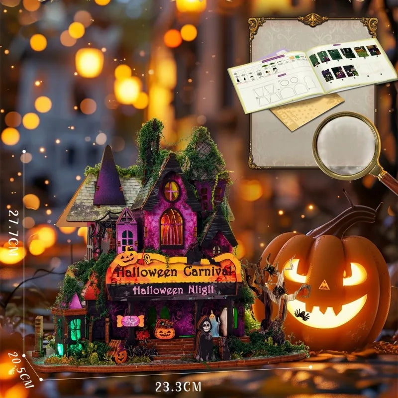 Maison Miniature - Halloween Night, un kit créatif pour construire un diorama miniature. Parfait pour décorer une bibliothèque ou comme cadeau original pour un amoureux des livres. Par Nookette.