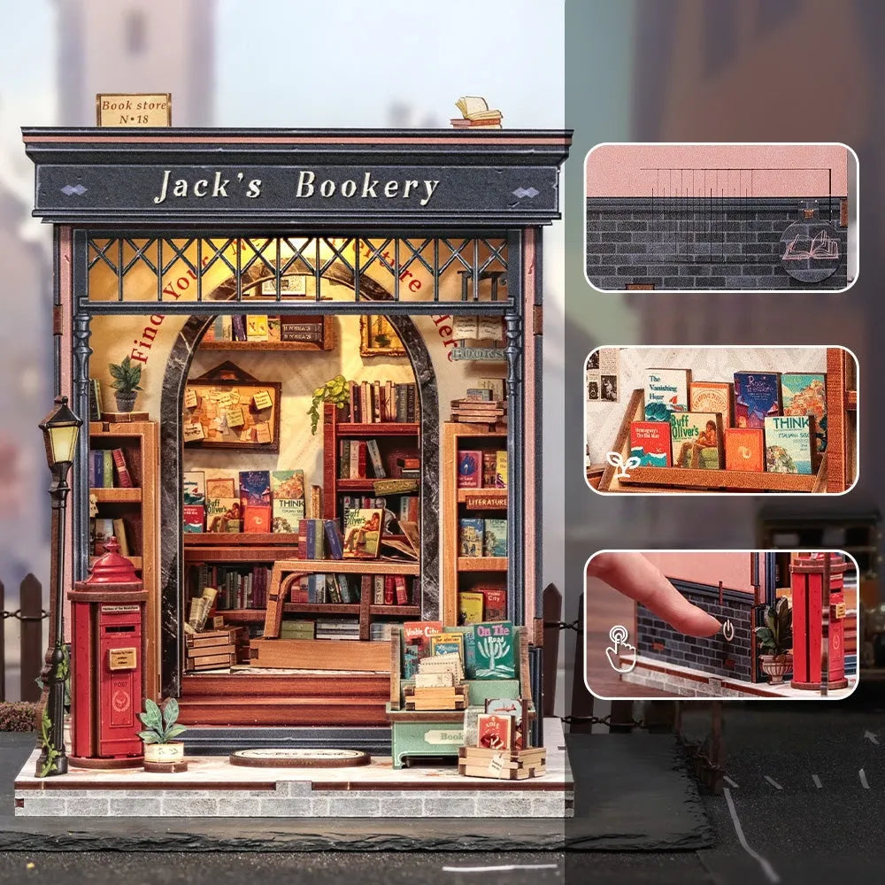 Maison Miniature - Jack's Bookery, un kit créatif pour construire un diorama miniature. Parfait pour décorer une bibliothèque ou comme cadeau original pour un amoureux des livres. Par Nookette.