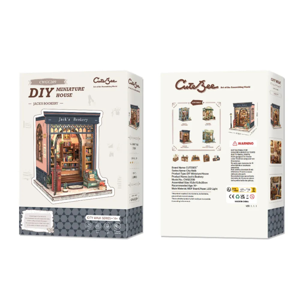 Maison Miniature - Jack's Bookery, un kit créatif pour construire un diorama miniature. Parfait pour décorer une bibliothèque ou comme cadeau original pour un amoureux des livres. Par Nookette.