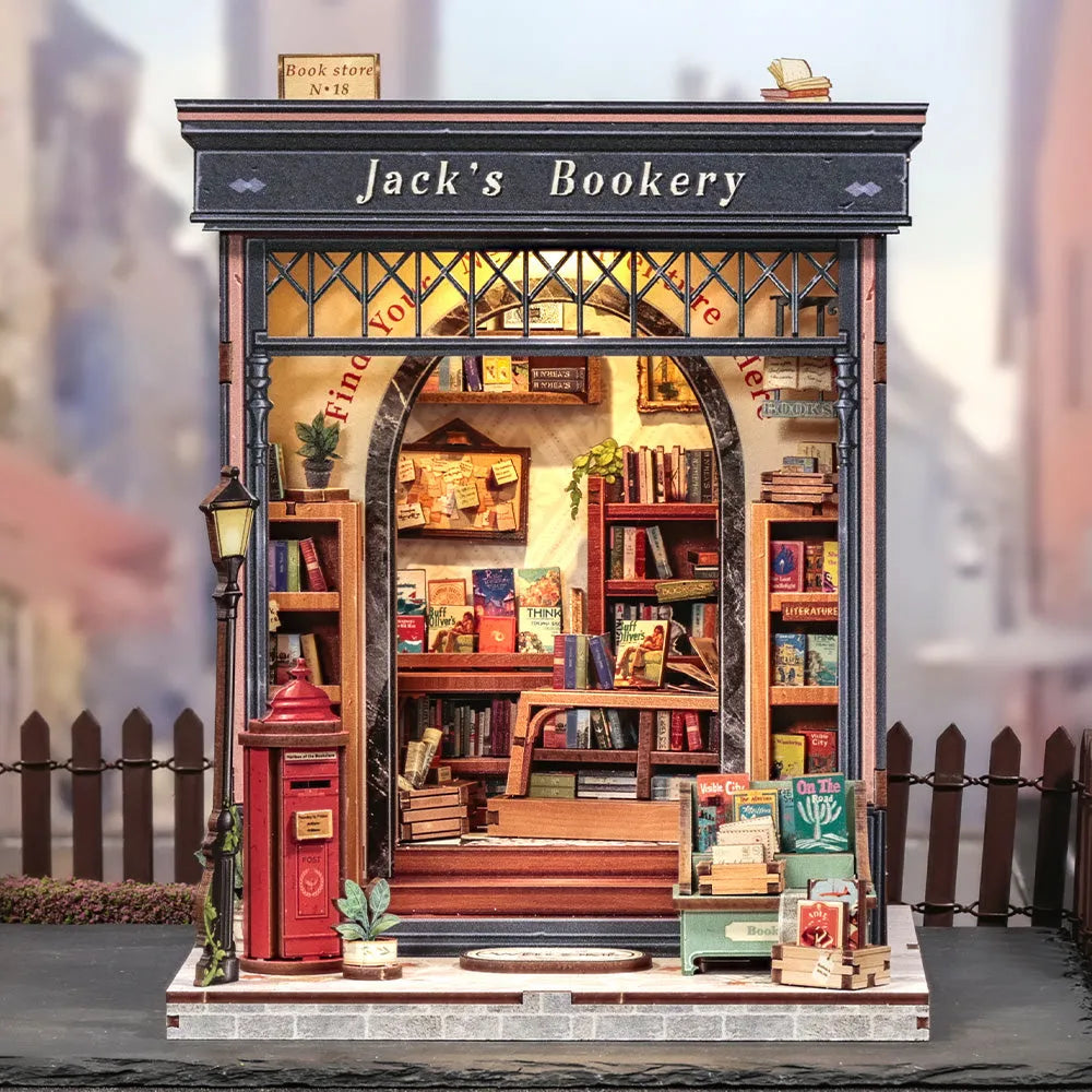 Maison Miniature - Jack's Bookery, un kit créatif pour construire un diorama miniature. Parfait pour décorer une bibliothèque ou comme cadeau original pour un amoureux des livres. Par Nookette.