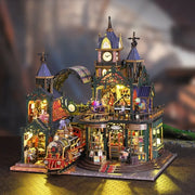 Maison Miniature - Rail Track Secluded City, un kit créatif pour construire un diorama miniature. Parfait pour décorer une bibliothèque ou comme cadeau original pour un amoureux des livres. Par Nookette.