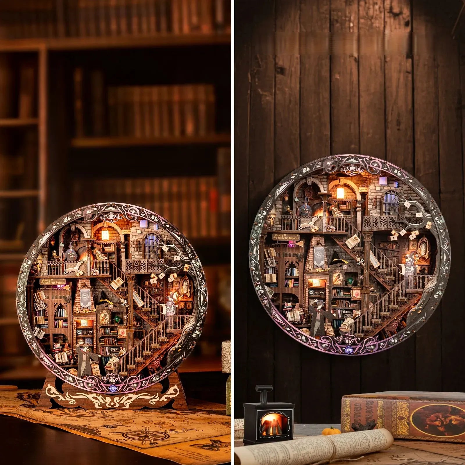 Diorama Rond - Magic Library, un kit créatif pour construire un diorama miniature. Parfait pour décorer une bibliothèque ou comme cadeau original pour un amoureux des livres. Par Nookette.