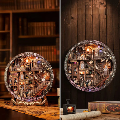 Diorama Rond - Magic Library, un kit créatif pour construire un diorama miniature. Parfait pour décorer une bibliothèque ou comme cadeau original pour un amoureux des livres. Par Nookette.